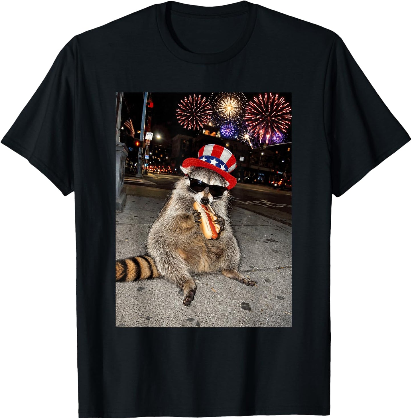 Funny Raccoon Eating Hot Dog 4th of July Men Women Kids T-Shirt - T-Shirt | Black