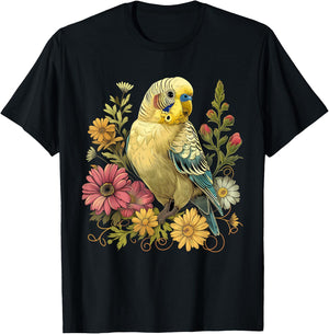 Budgie Parakeet Bird Mom Budgerigar Parrot Vintage Flower T-Shirt - T-Shirt | Black
