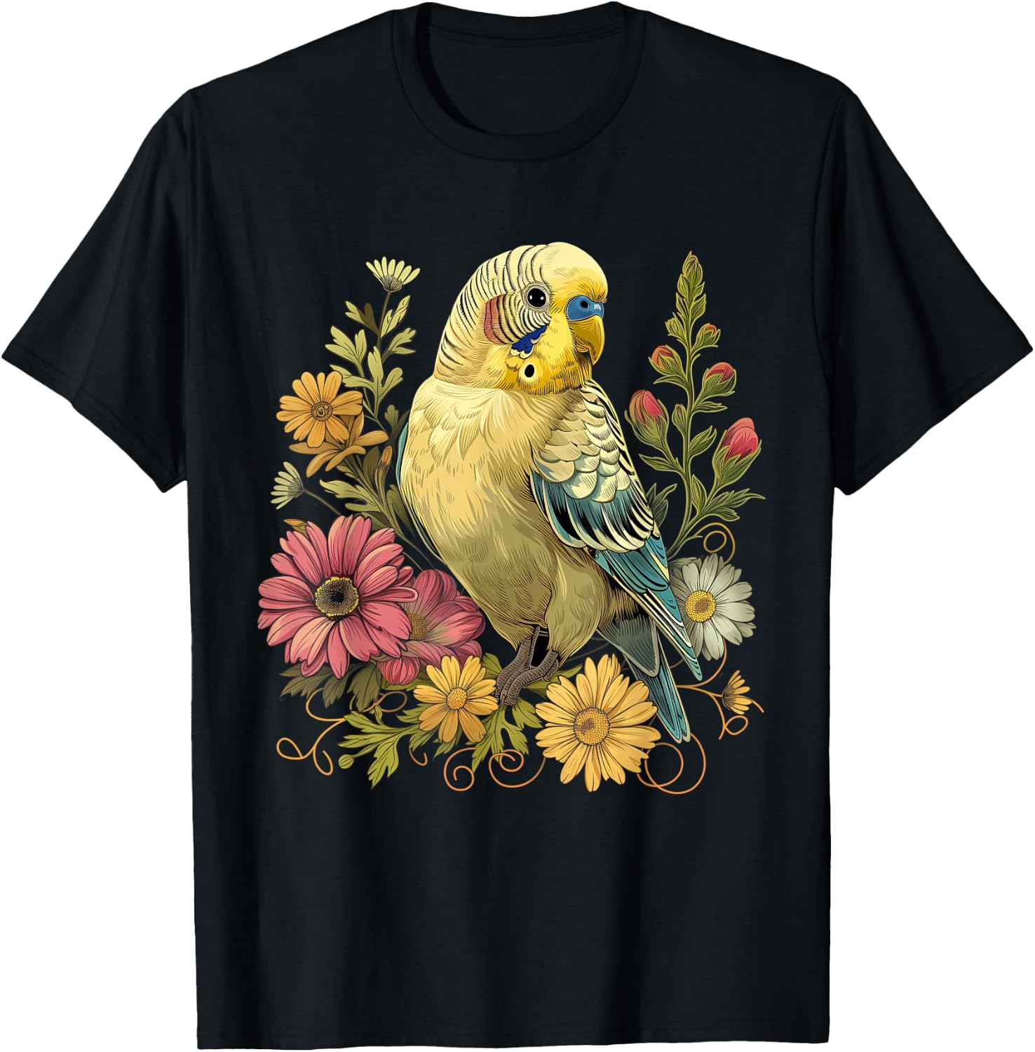 Budgie Parakeet Bird Mom Budgerigar Parrot Vintage Flower T-Shirt - T-Shirt | Black