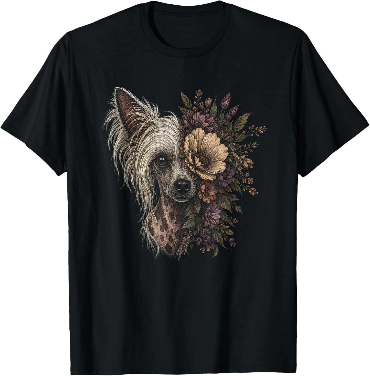 Floral Chinese Crested Dog Artwork Design T-Shirt - T-Shirt | Black