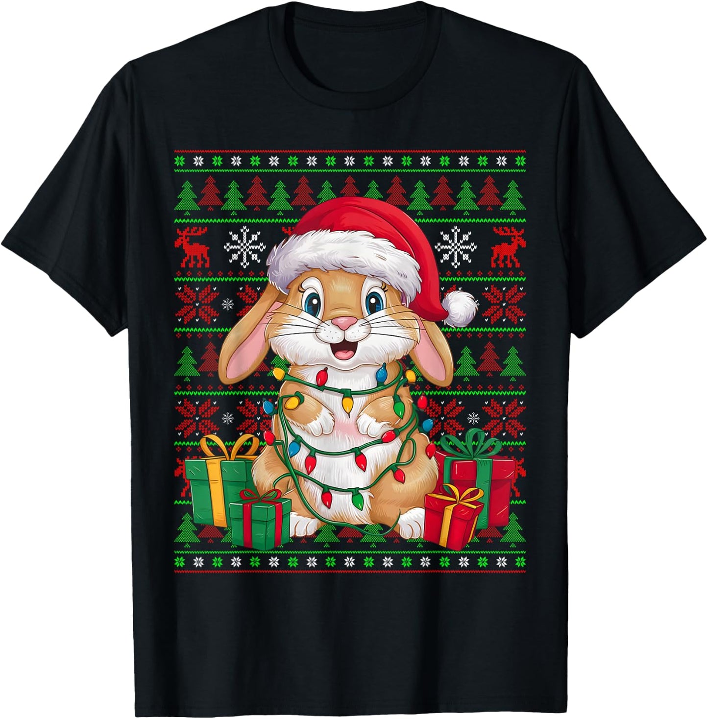 Rabbit Bunny Xmas Lights Ugly Santa Hat Bunny Christmas T-Shirt - T-Shirt | Black