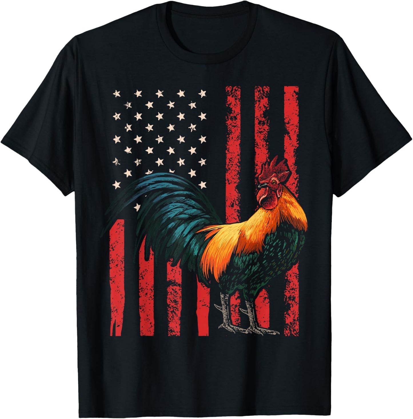 Rooster Chicken American Flag USA Fighting Cock T-Shirt - T-Shirt | Black
