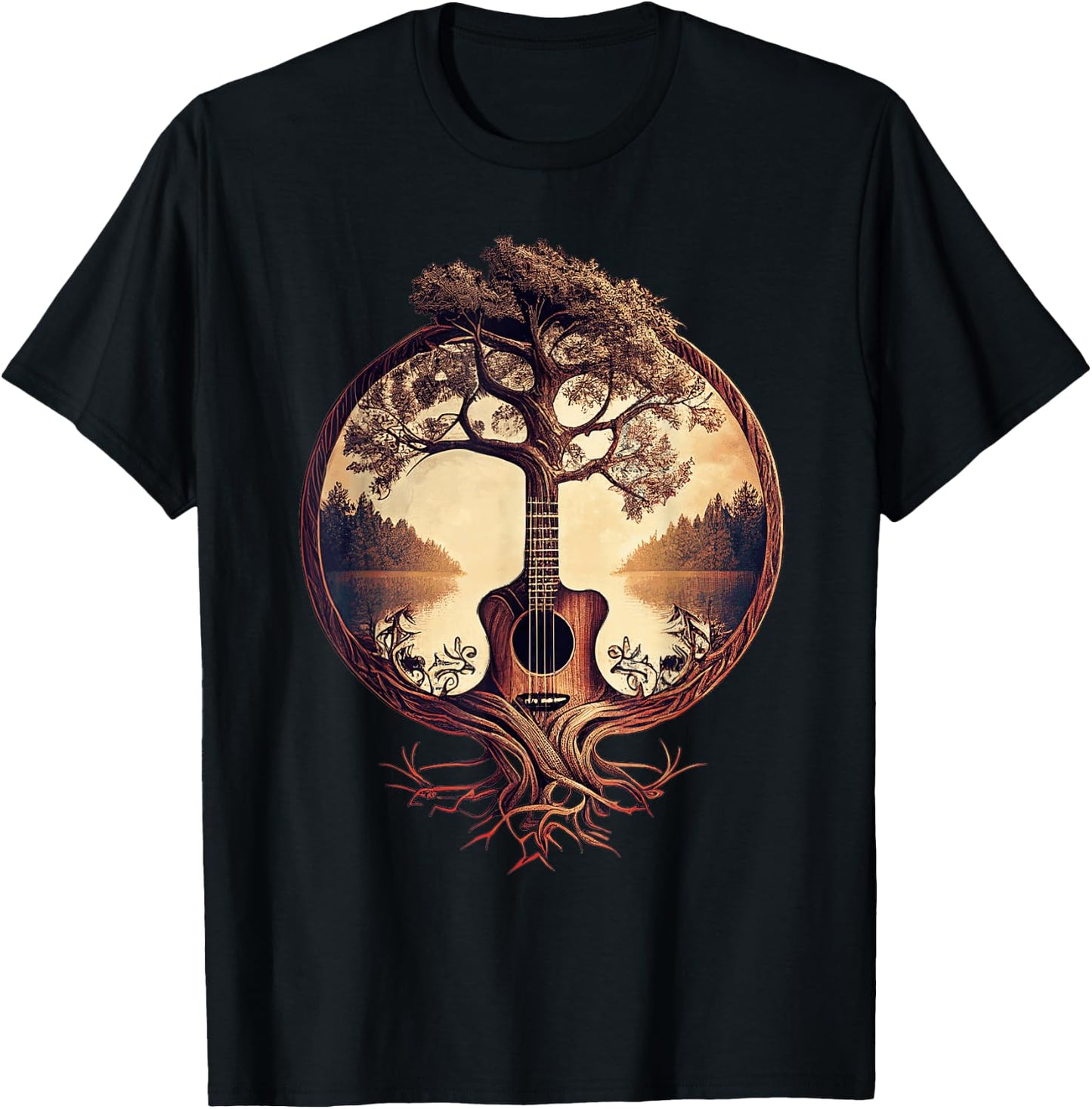 Acoustic Guitar Tree at the Edge of the Lake for Guitarist , Black, S T-Shirt - T-Shirt | Black