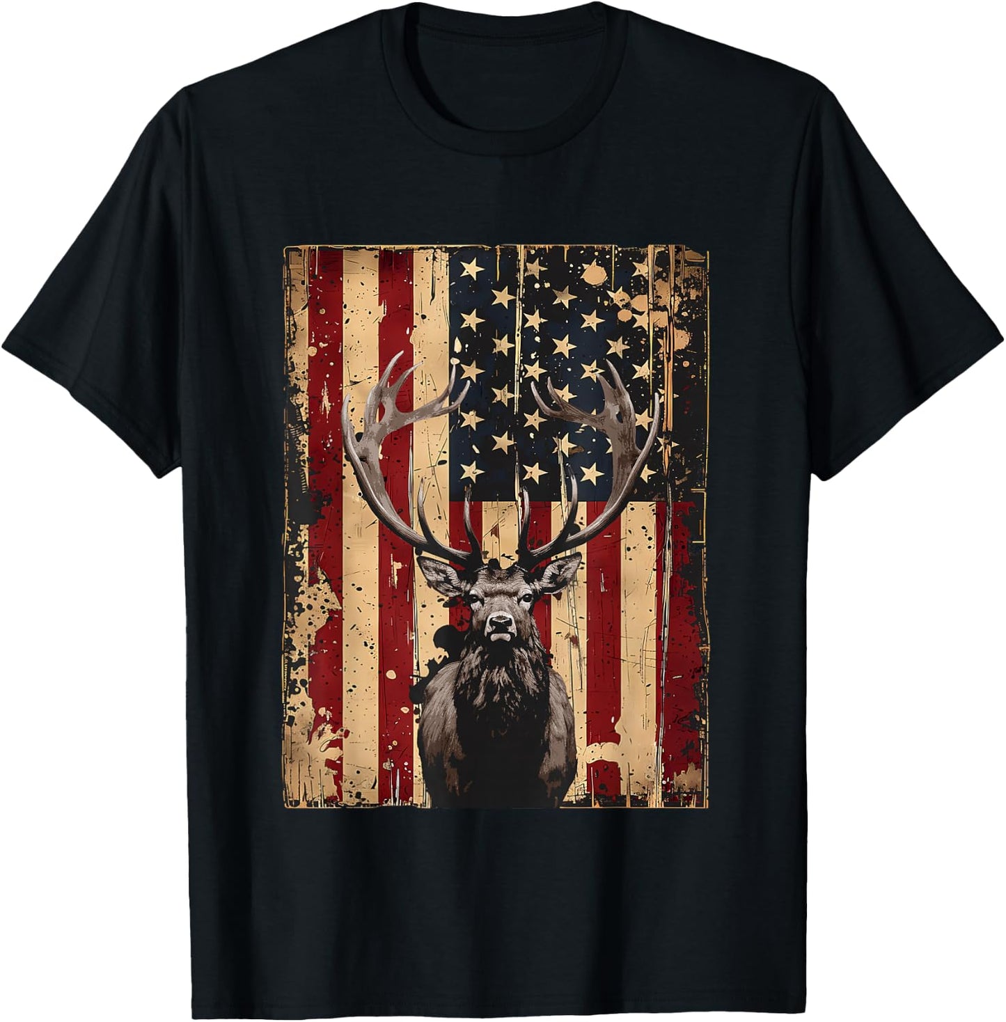 American Flag Outdoor Antlers Elk Deer T-Shirt - T-Shirt | Black