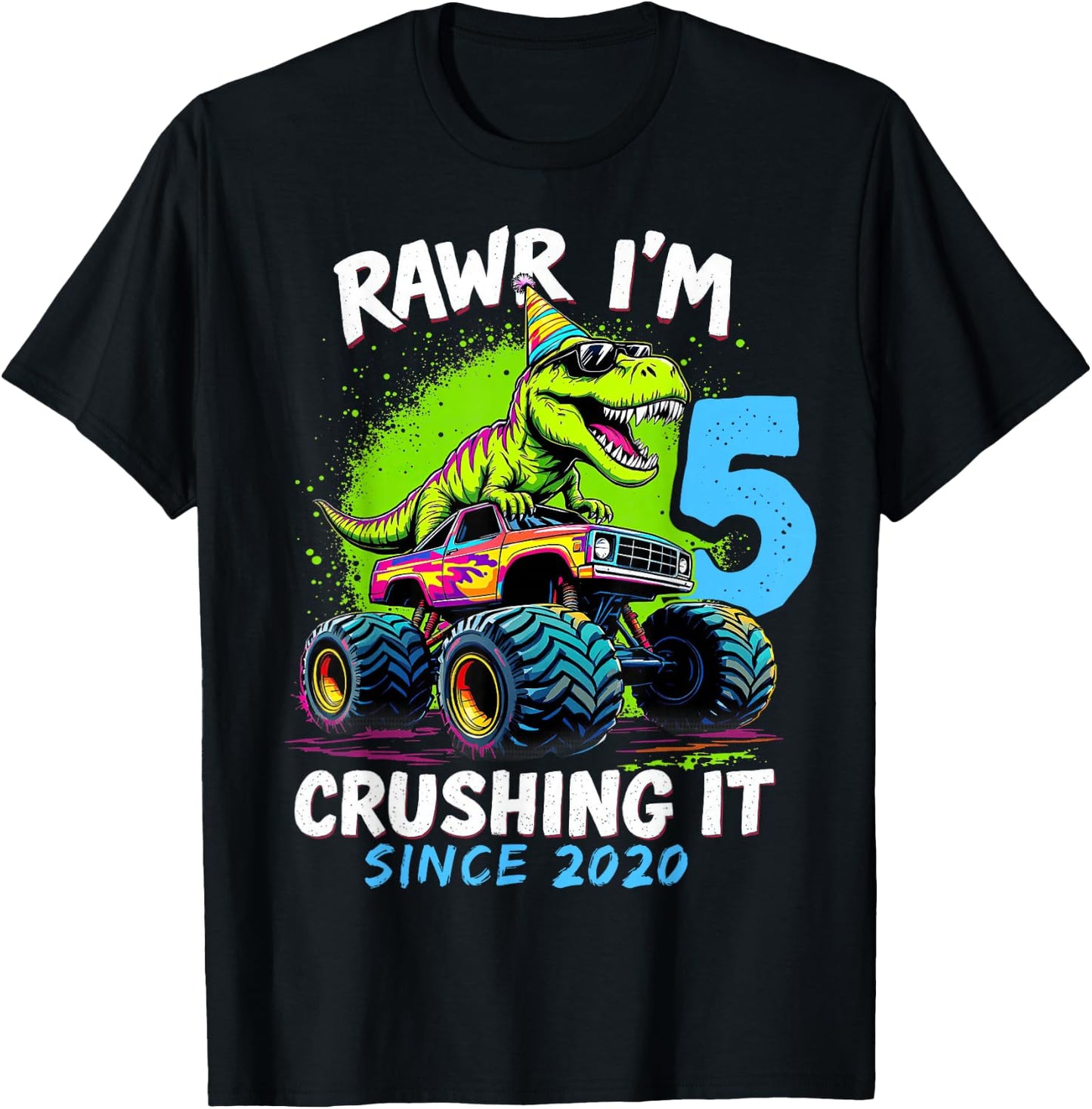 5th Birthday Monster Truck Dinosaur Party Boys Rawr I'm 5 T-Shirt - T-Shirt | Black