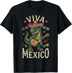 Viva Mexico Boy Dinosaur Mexican Independence Day Kids T-Shirt - T-Shirt | Black