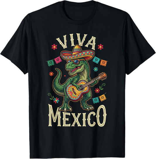 Viva Mexico Boy Dinosaur Mexican Independence Day Kids T-Shirt - T-Shirt | Black
