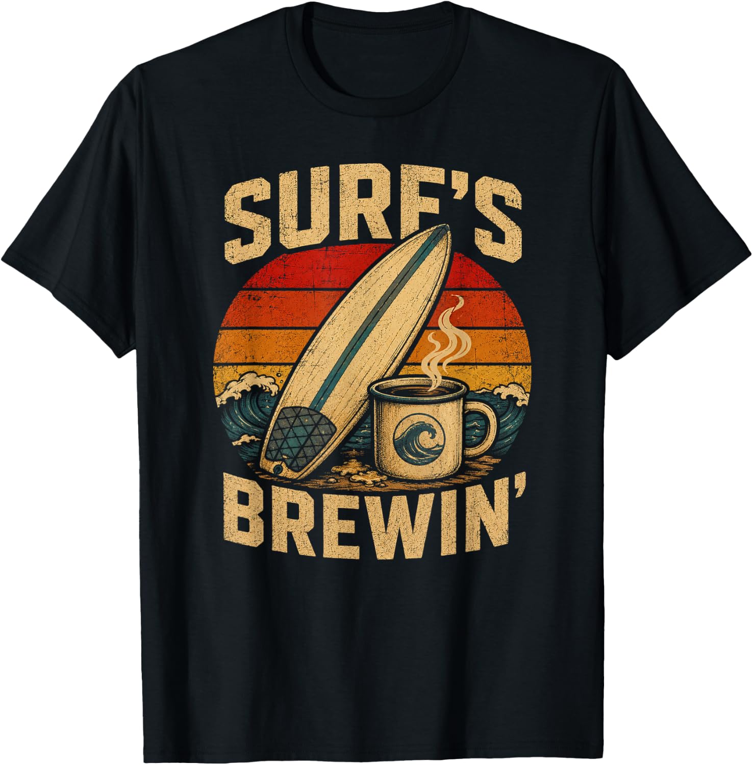 Surfboard Coffee Retro Beach Wave Vintage Sunset T-Shirt - T-Shirt | Black