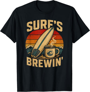 Surfboard Coffee Retro Beach Wave Vintage Sunset T-Shirt - T-Shirt | Black