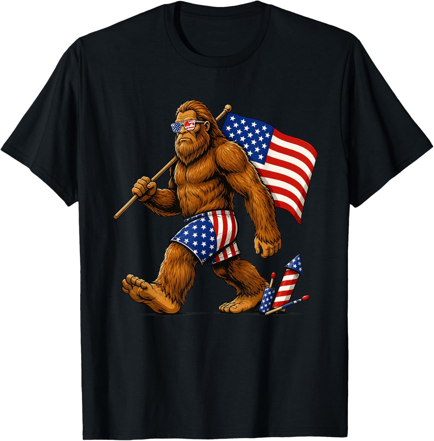 Bigfoot Sasquatch American Flag Fireworks Patriotic T-Shirt - T-Shirt | Black