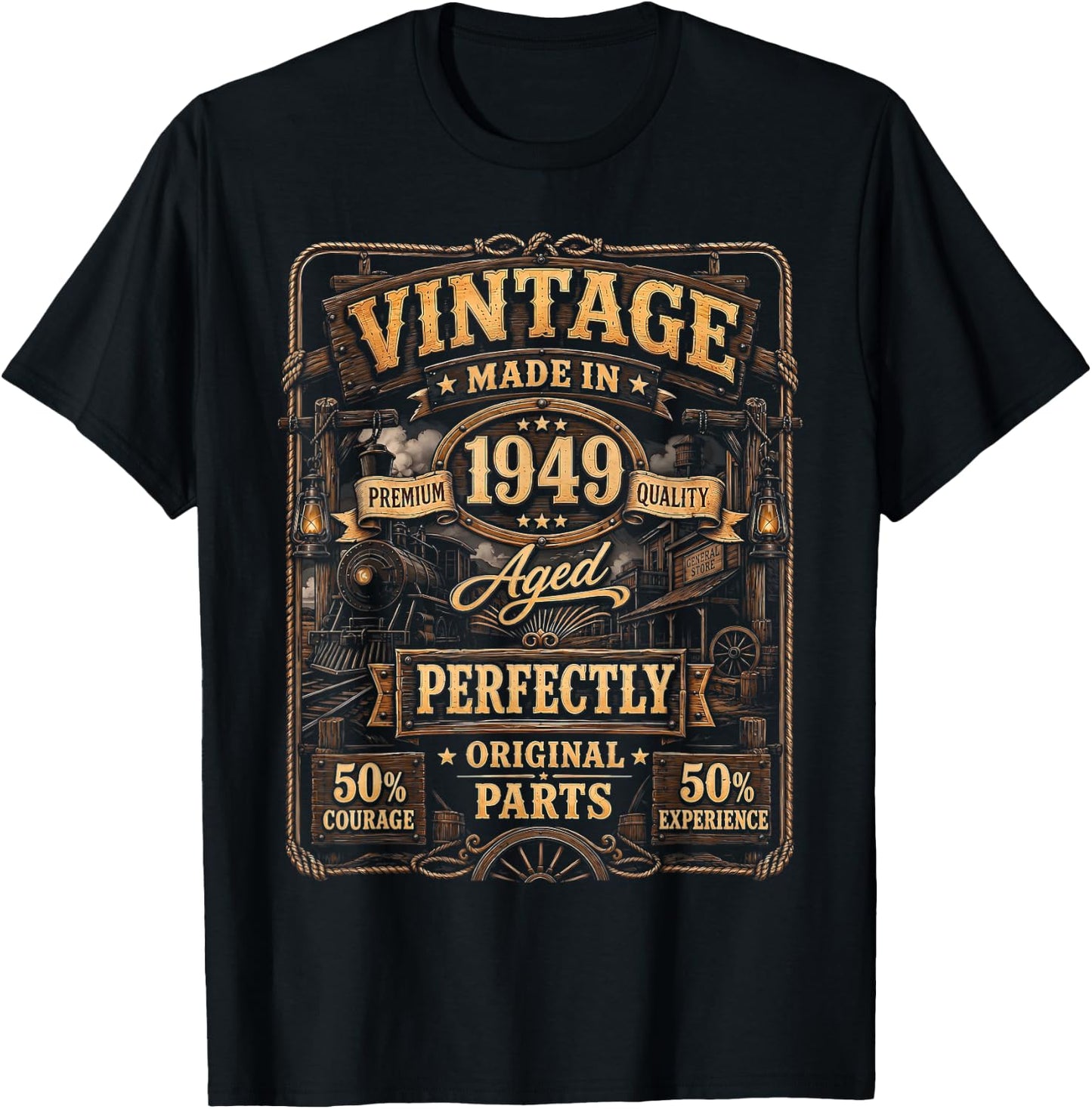 Vintage Made in 1949 Western Train Born in 1949 Birthday T-Shirt - T-Shirt | Black