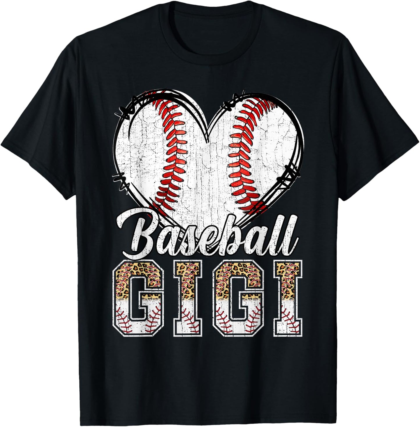 Softball Baseball Gigi Heart Leopard Print Mother's Day T-Shirt - T-Shirt | Black