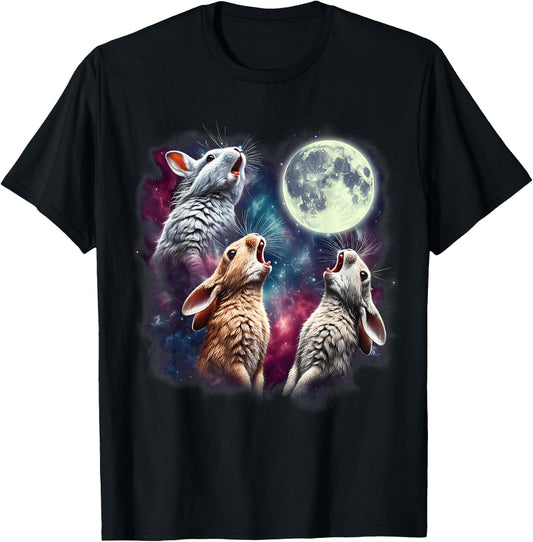 Three Rabbits Howling at Moon Funny Bunny Weird Cursed Meme T-Shirt - T-Shirt | Black