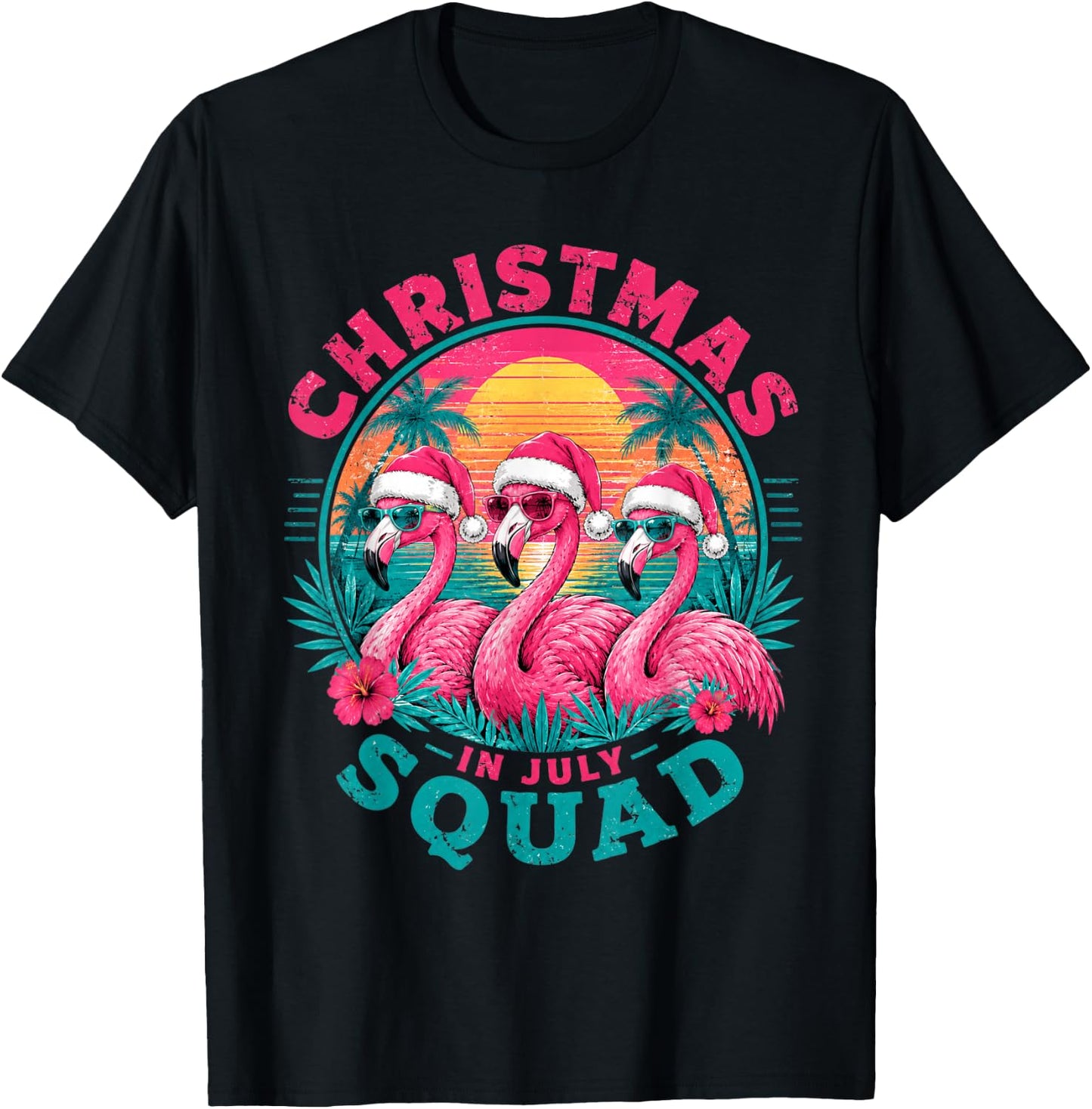 Christmas in July Flamingo Squad Beach Sunset T-Shirt - T-Shirt | Black