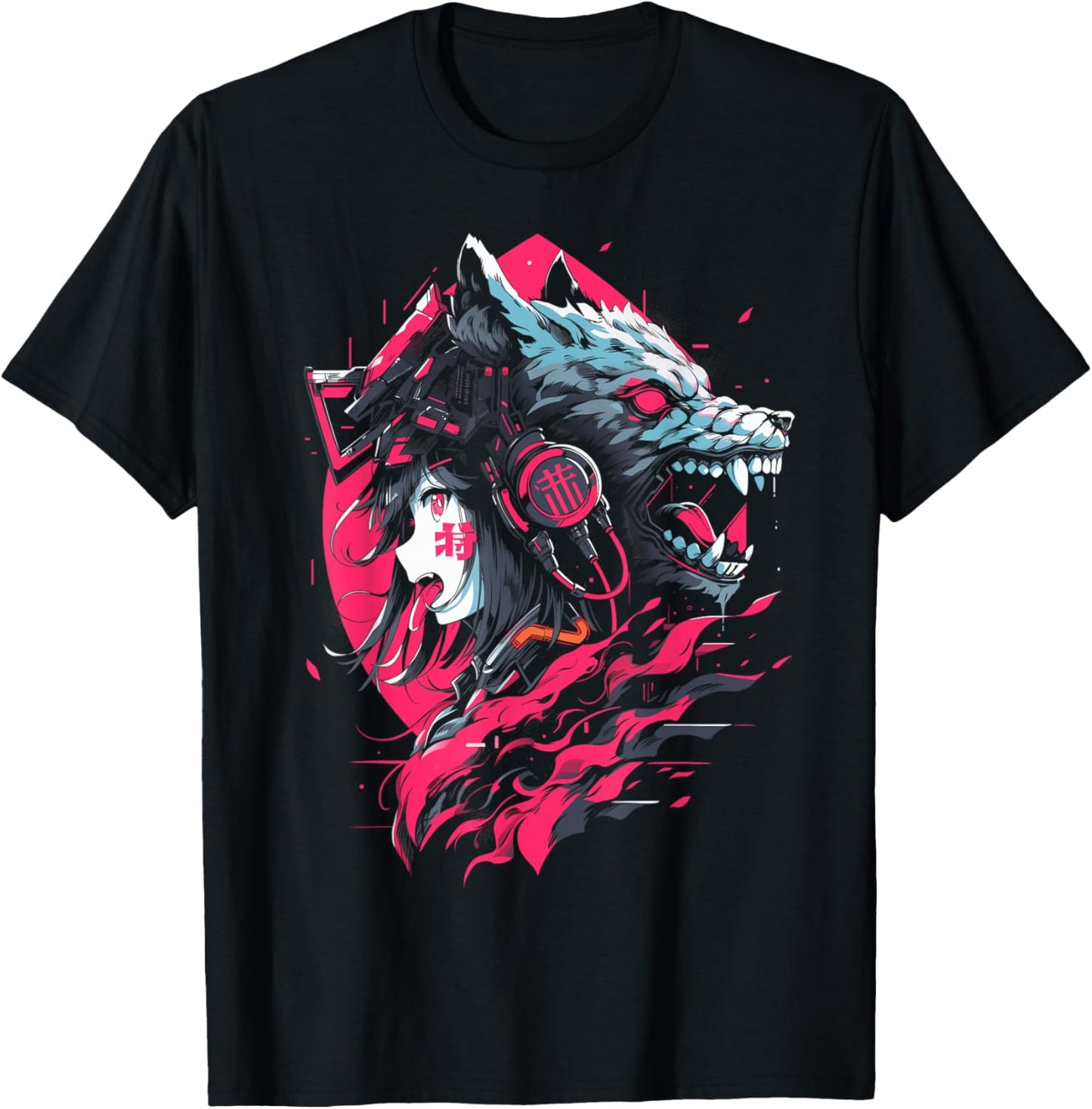 Anime Manga Cyberpunk Aesthetic Techwear Harajuku Wolf , black T-Shirt - T-Shirt | Black