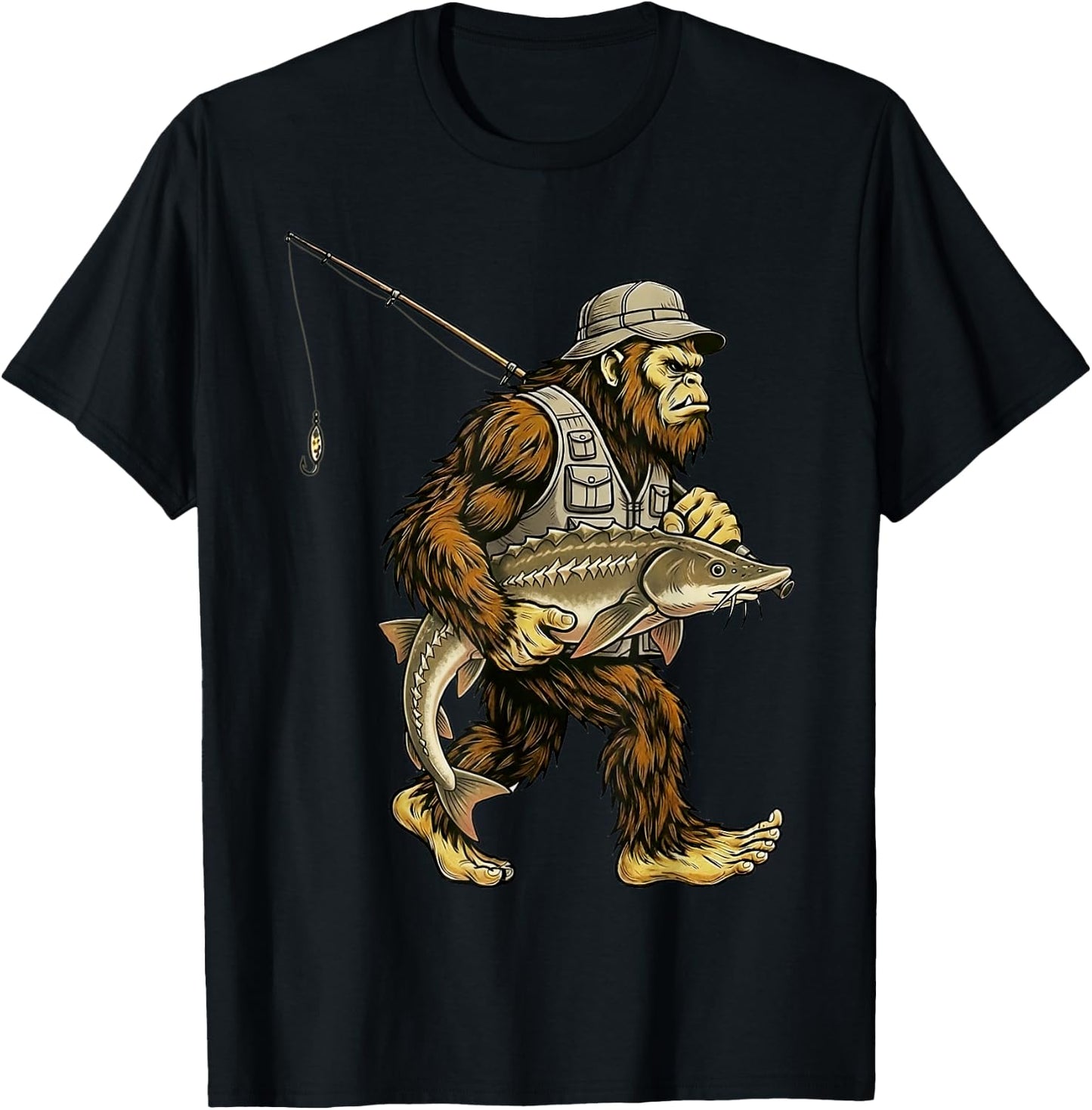 Sturgeon Bigfoot Fisherman River Fishing Sasquatch T-Shirt - T-Shirt | Black