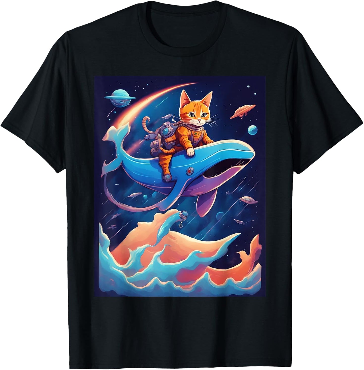 Cat Riding a Whale Fantasy Scene T-Shirt - T-Shirt | Black