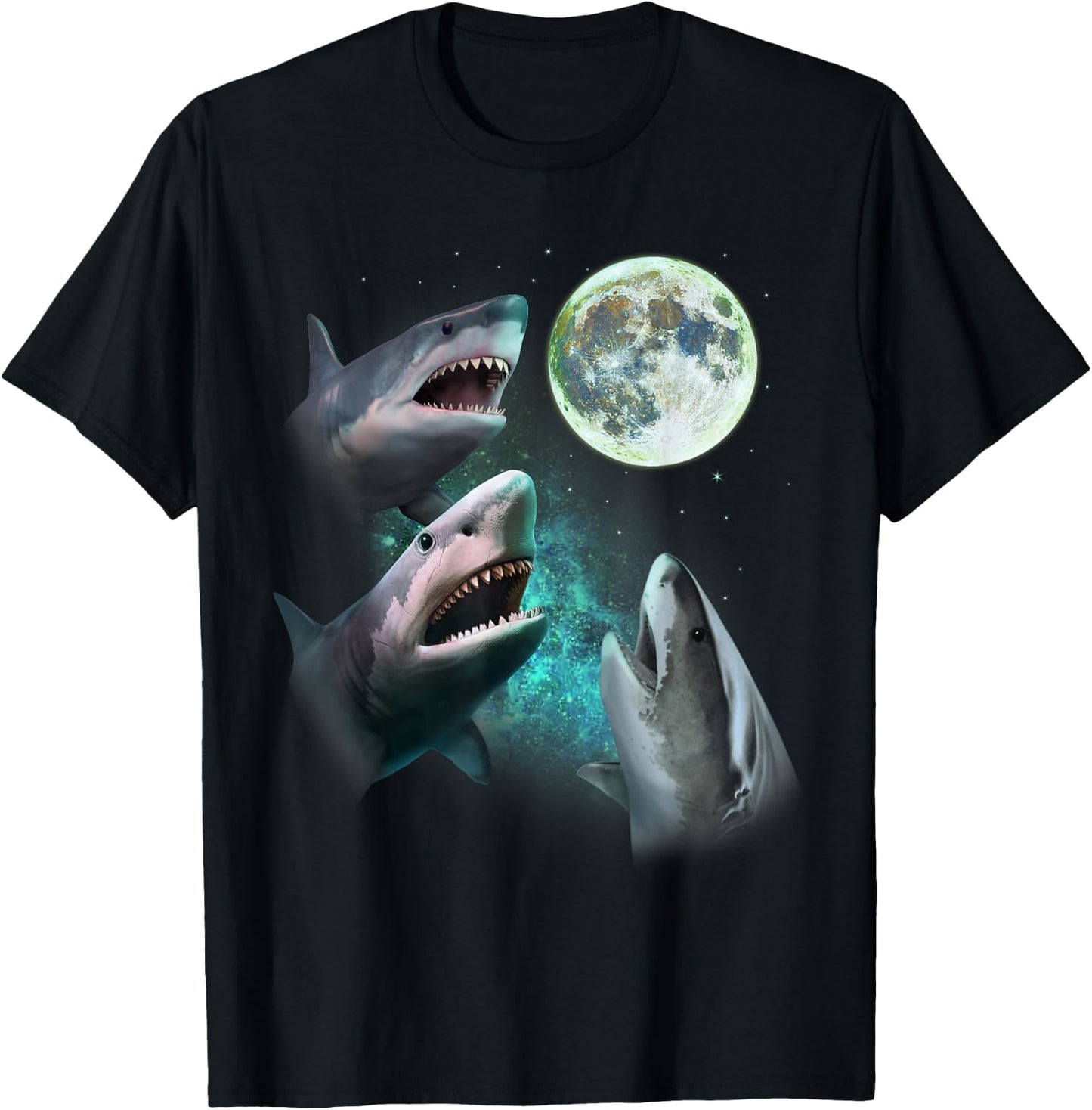 Three Great White Sharks Howl at Moon 3 Wolfs Funny Parody T-Shirt - T-Shirt | Black