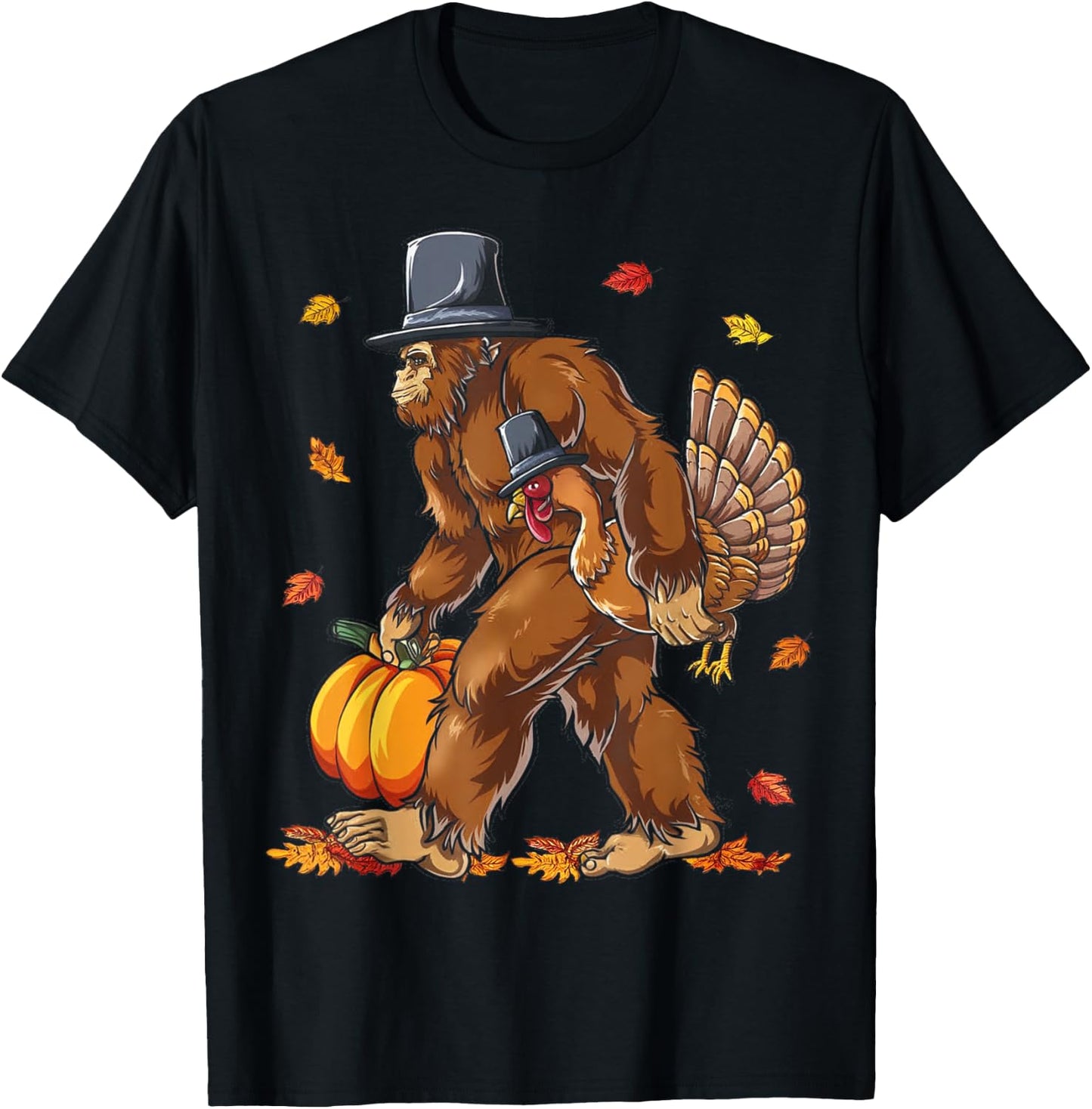 Bigfoot Pilgrim Turkey Pumpkin Funny Thanksgiving Sasquatch T-Shirt - T-Shirt | Black
