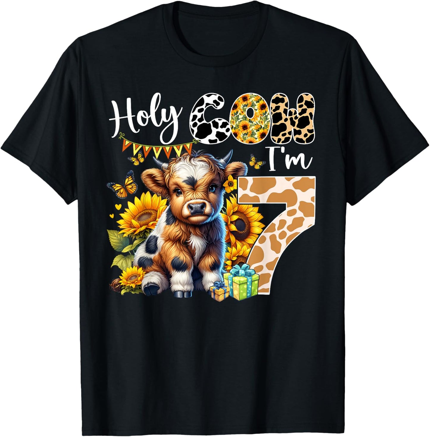 Holy Cow I’m 7 Years Old Dairy Cow Sunflowers 7th Birthday T-Shirt - T-Shirt | Black