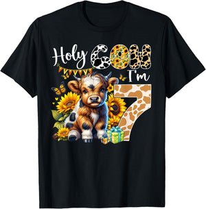Holy Cow I’m 7 Years Old Dairy Cow Sunflowers 7th Birthday T-Shirt - T-Shirt | Black