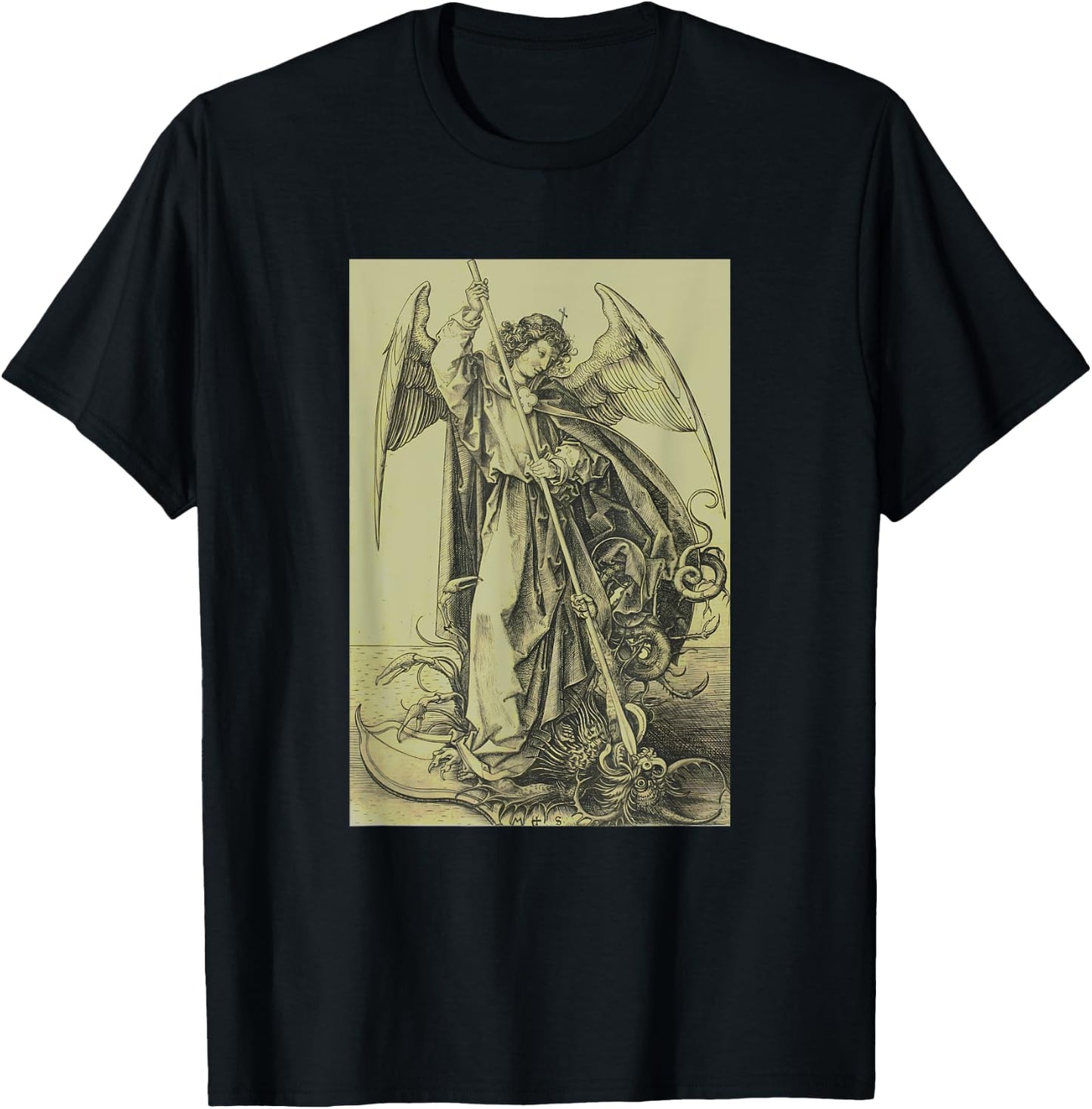 Archangel Michael Piercing Dragon Satan Martin Schongauer T-Shirt - T-Shirt | Black
