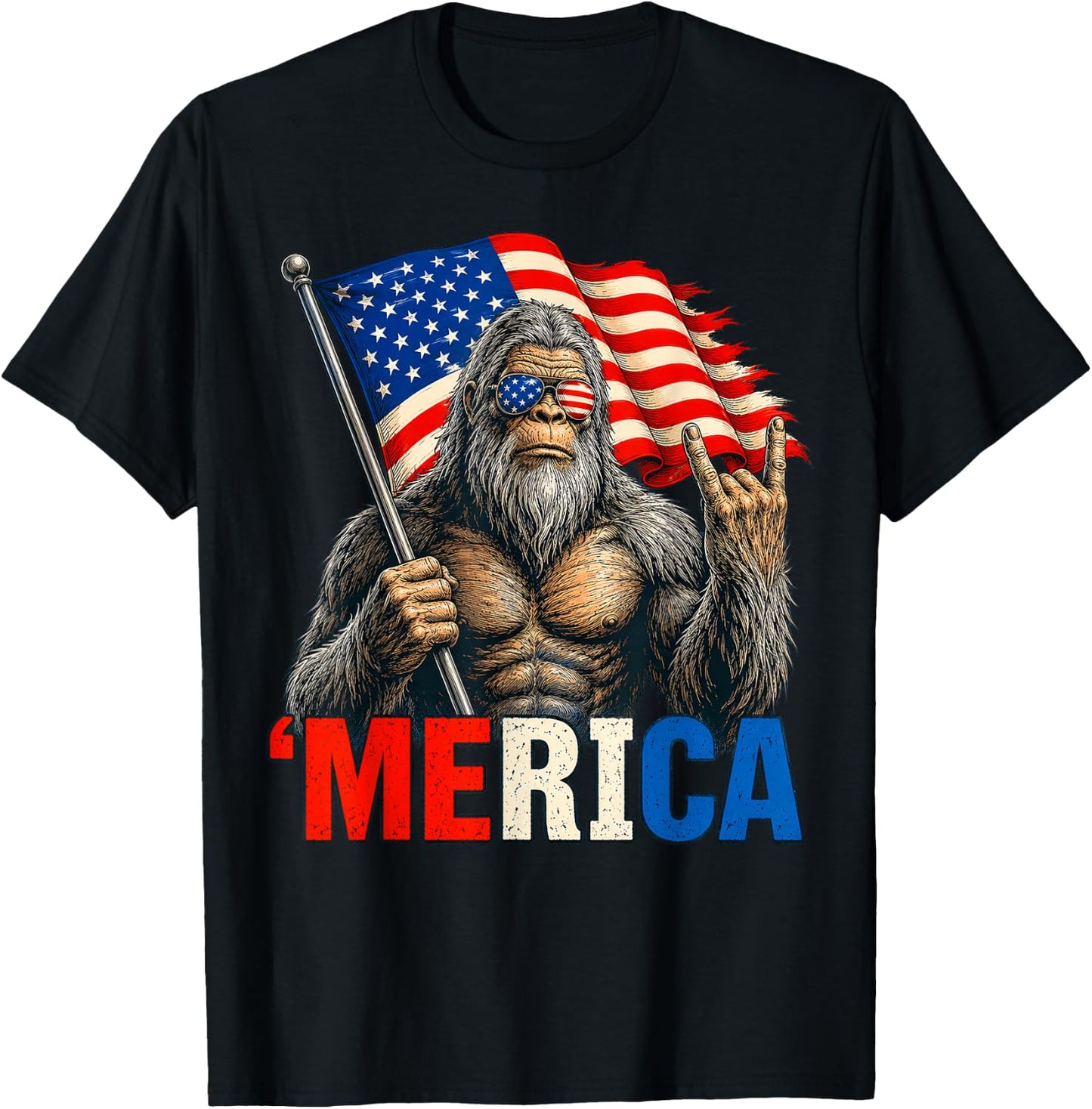 Bigfoot Merica Rock American Flag Patriotic 4th of July T-Shirt - T-Shirt | Black