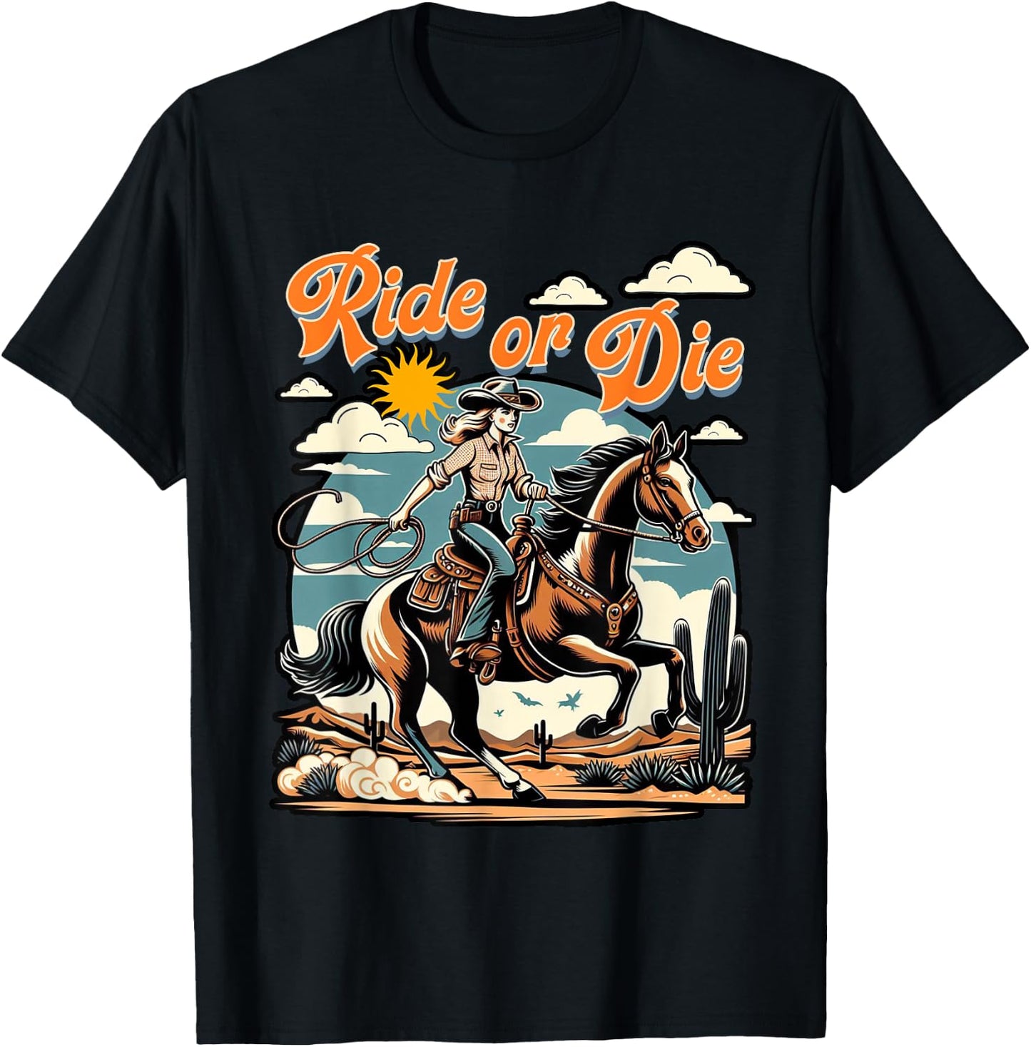 Vintage 1950s Cowgirl Horse Ride Or Die Country Western Life T-Shirt - T-Shirt | Black