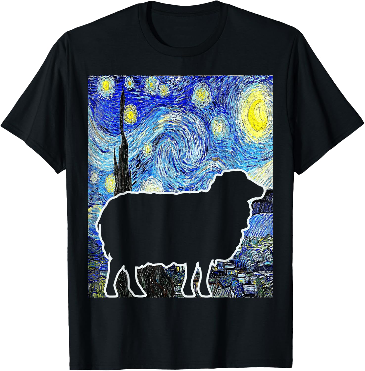 Sheep Starry Night Van Gogh Funny Sheep Farmer Lamb T-Shirt - T-Shirt | Black