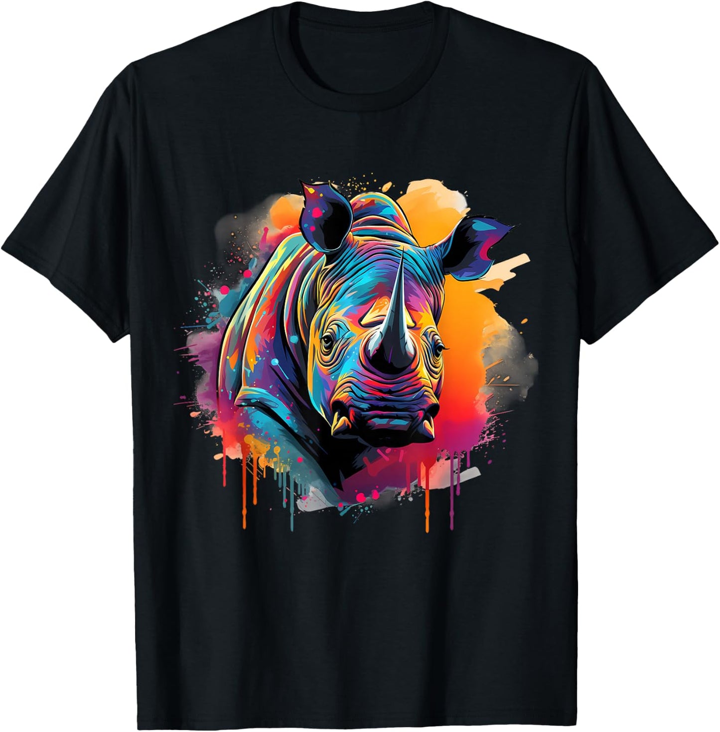 Rhinoceros Artwork Portrait Animal Art Colorful Splash Rhino T-Shirt - T-Shirt | Black