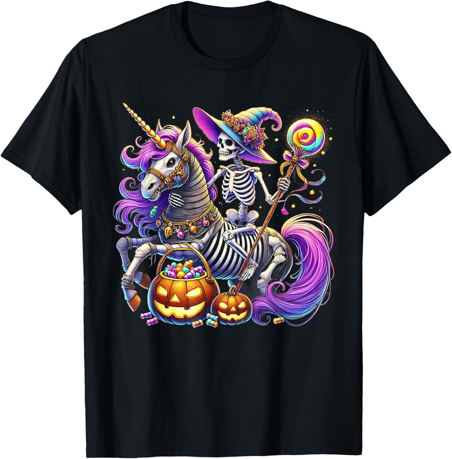Skeleton Riding Skeleton Unicorn Halloween Costume T-Shirt - T-Shirt | Black