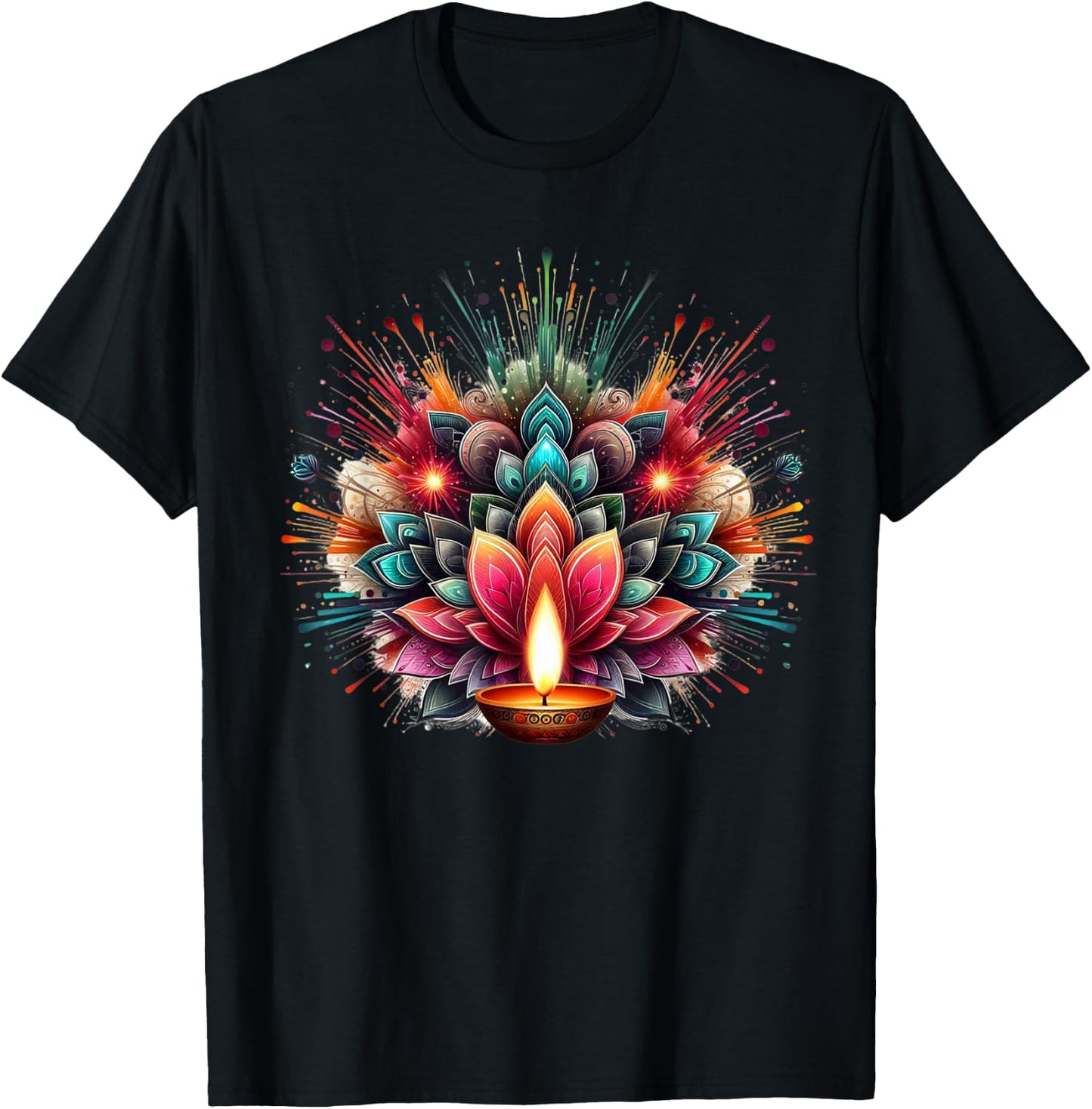 PV Mata Diwali Diya Explosion of Colors -Adults , Black, Small, Short Sleeve T-Shirt - T-Shirt | Black