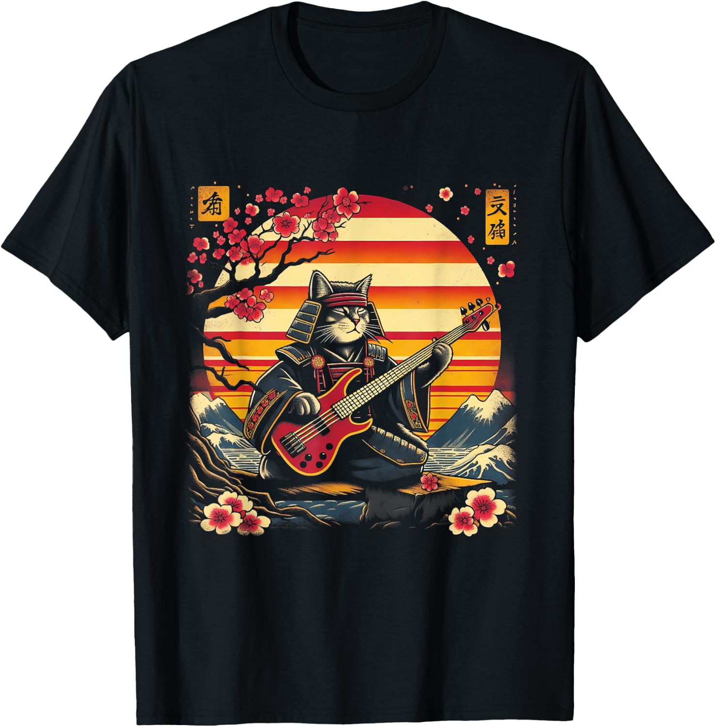 Japanese Samurai Cat Playing The Bass Ninja Kitten Warriors Women T-Shirt - T-Shirt | Black