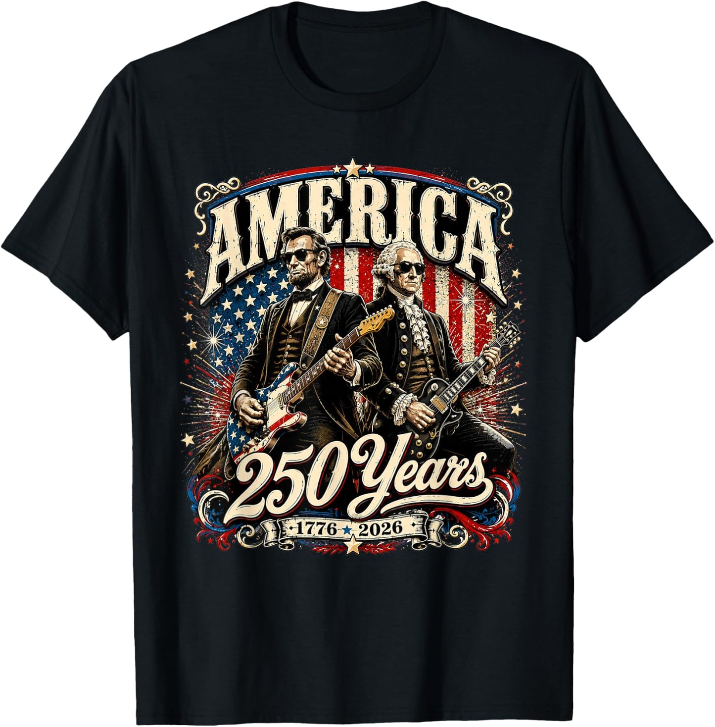 Vintage Washington Lincoln Playing Guitar 250 Years America T-Shirt - T-Shirt | Black