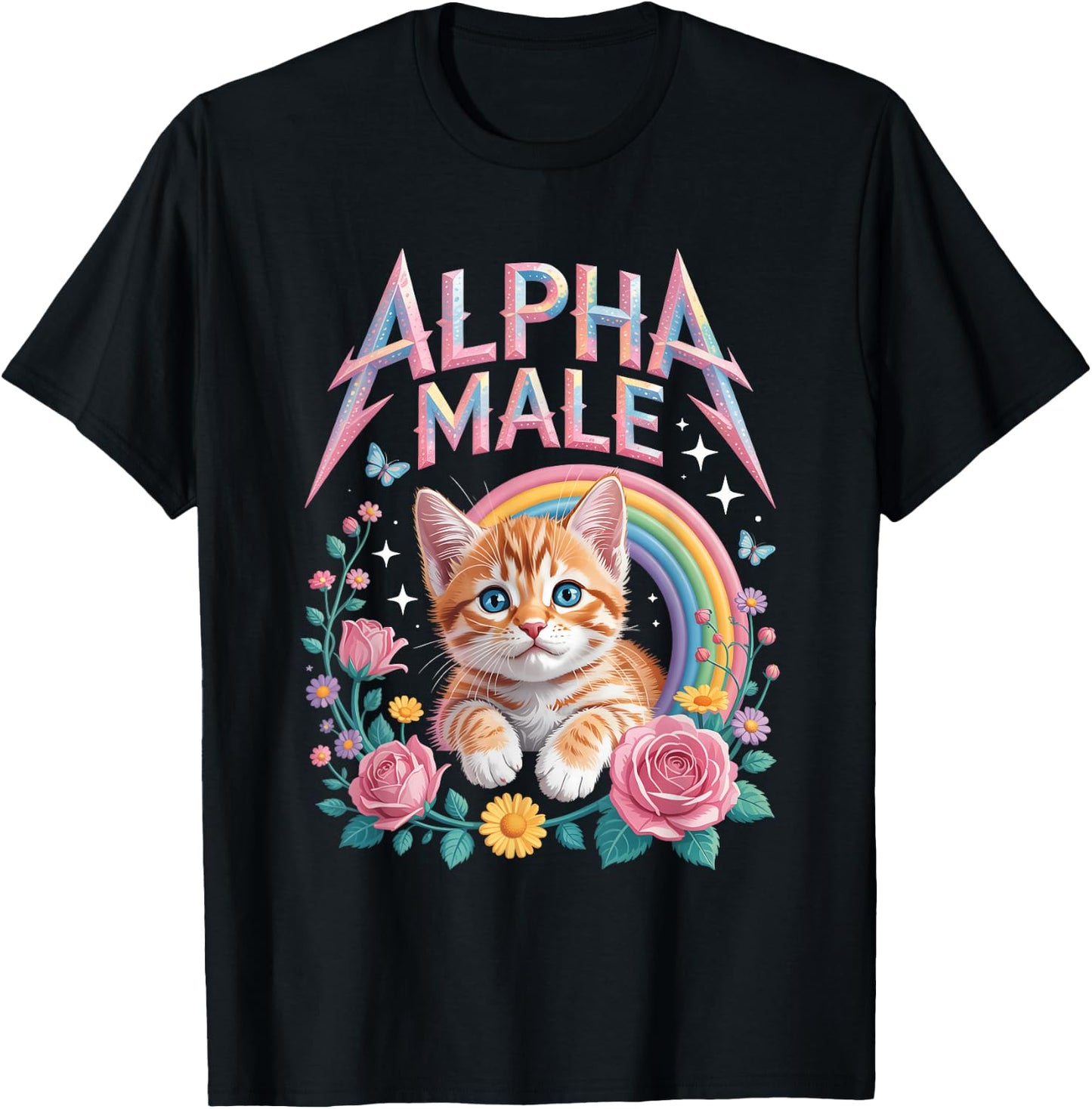 Alpha a Male Ingwer Kätzchen Regenbogen Blumen Kitty Katzenliebhaber T-Shirt - T-Shirt | Black