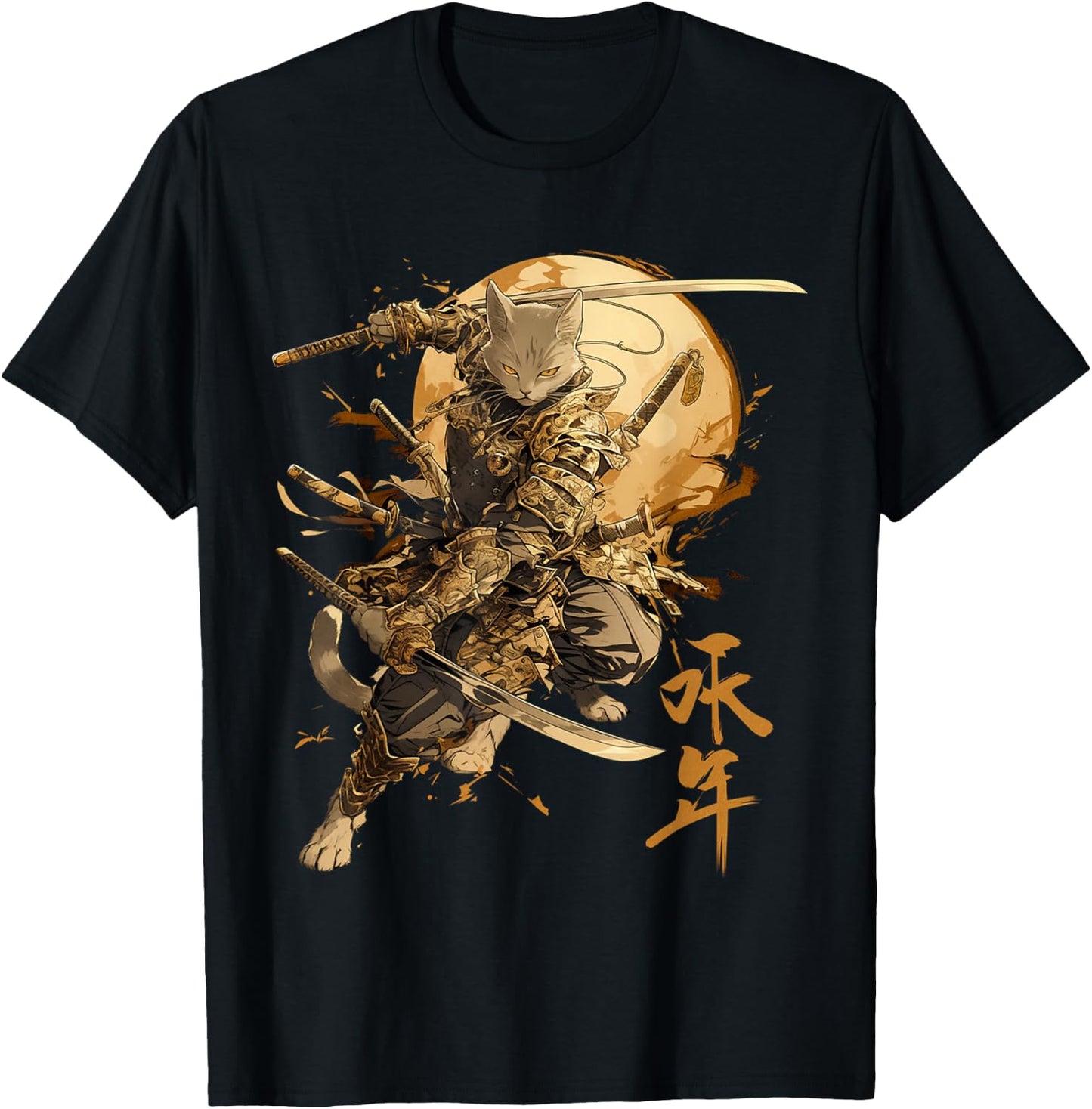 Japanese Art Cat Ninja Ukiyo-e Anime Style Samurai Cat , Black, S T-Shirt - T-Shirt | Black