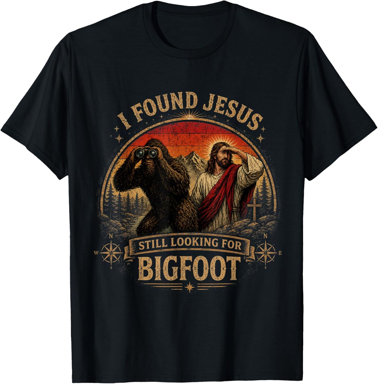 I Found Jesus Still Looking for Bigfoot Retro Vintage T-Shirt - T-Shirt | Black