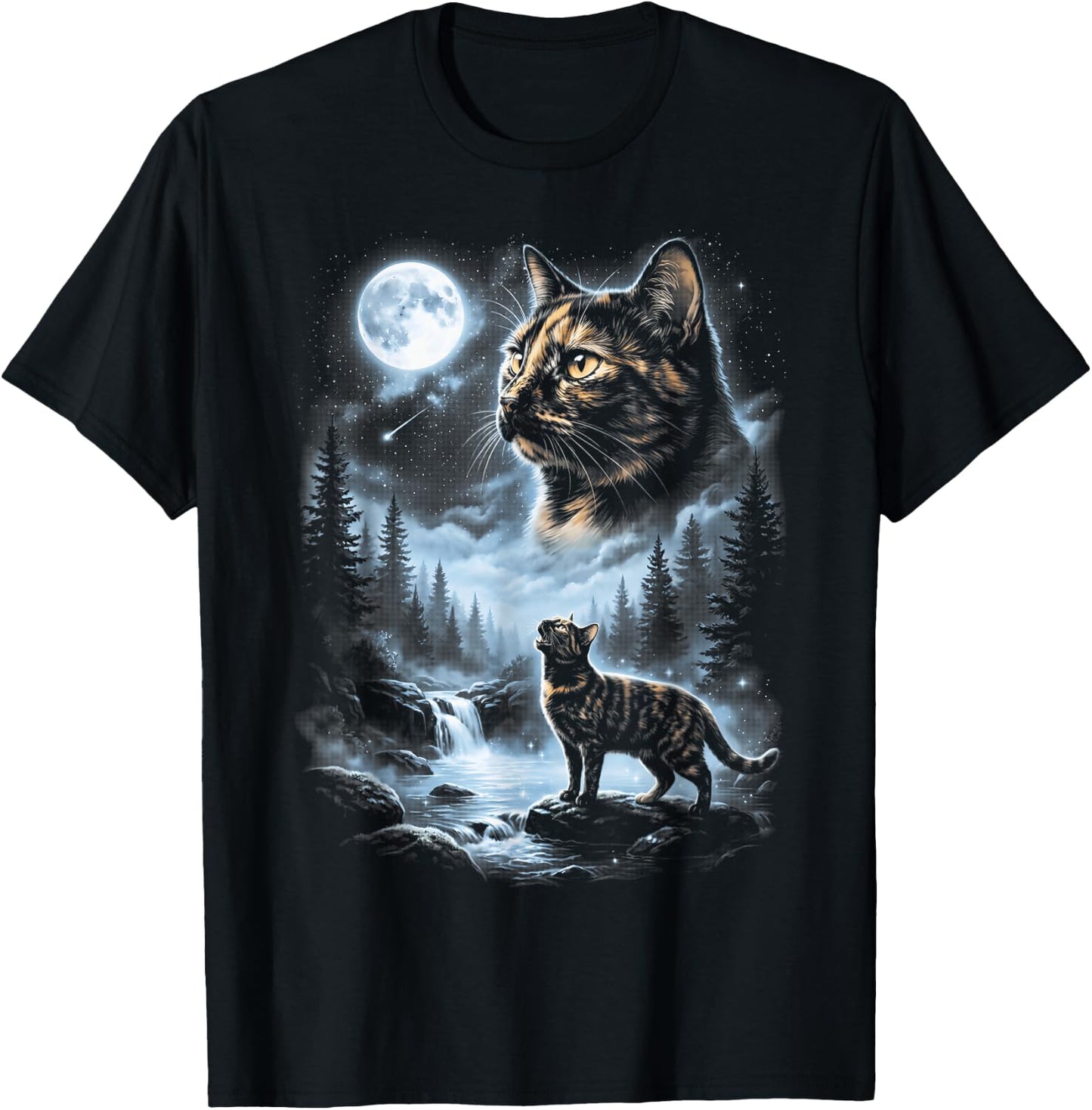 Vintage Tortoiseshell Cat Howling to The Moon T-Shirt - T-Shirt | Black