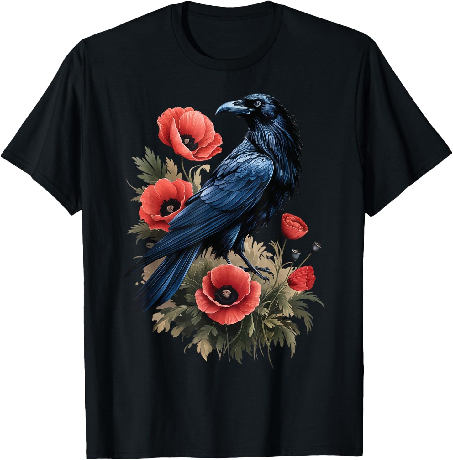 Raven Red Flowers Floral T-Shirt - T-Shirt | Black