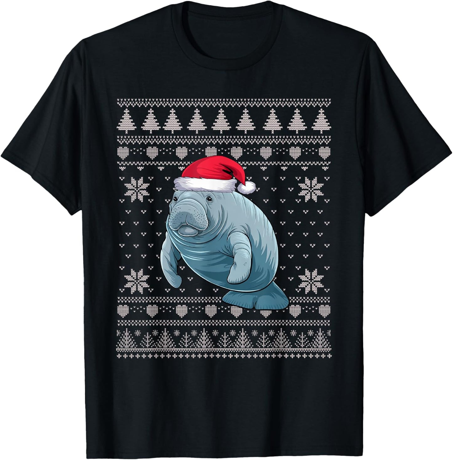Funny Manatee Ugly Christmas Sweater Santa Xmas PJs T-Shirt - T-Shirt | Black