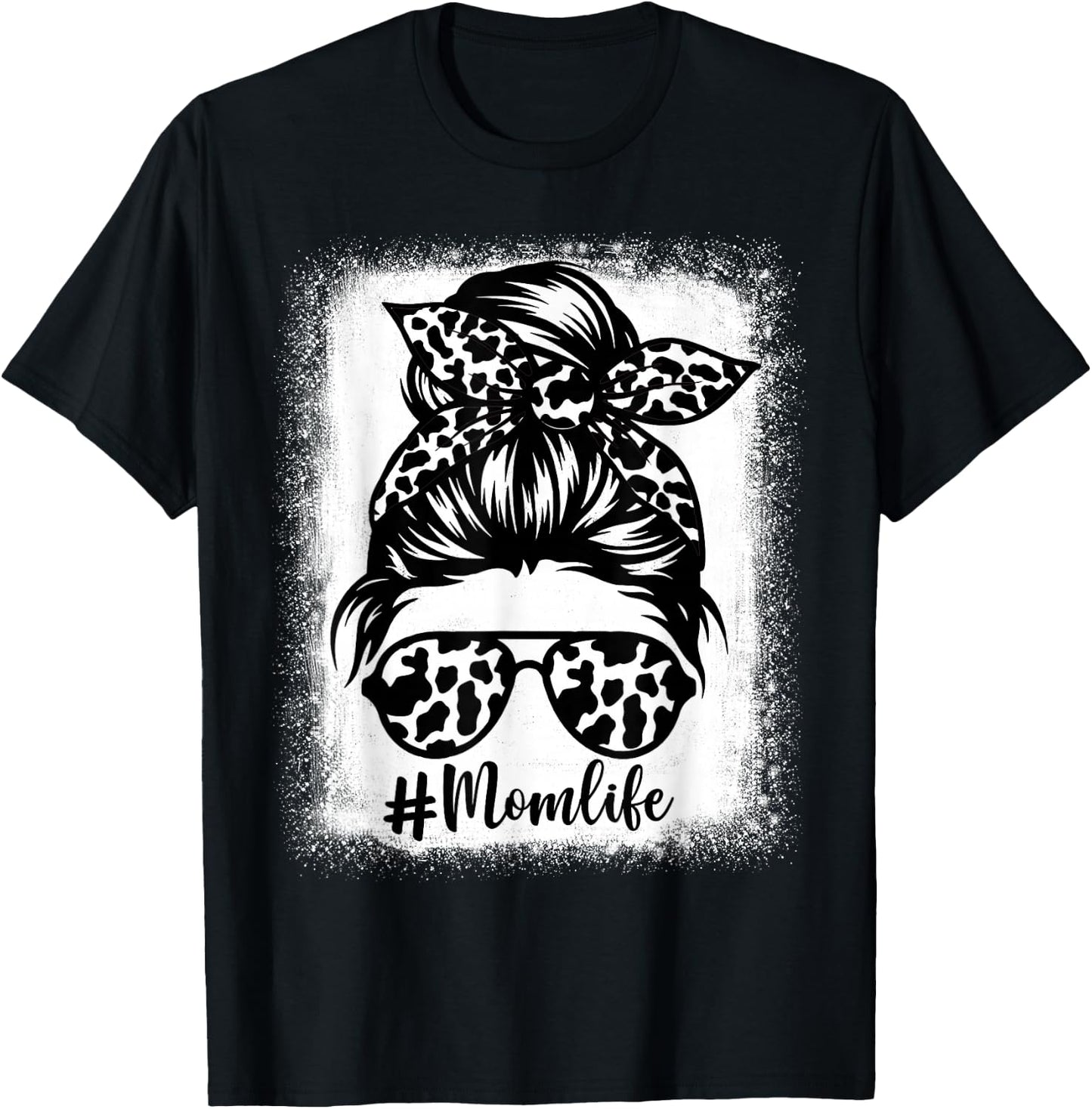 Women Mom Life Cow print Bleached, Cow Mama Heifer Messy Bun T-Shirt - T-Shirt | Black