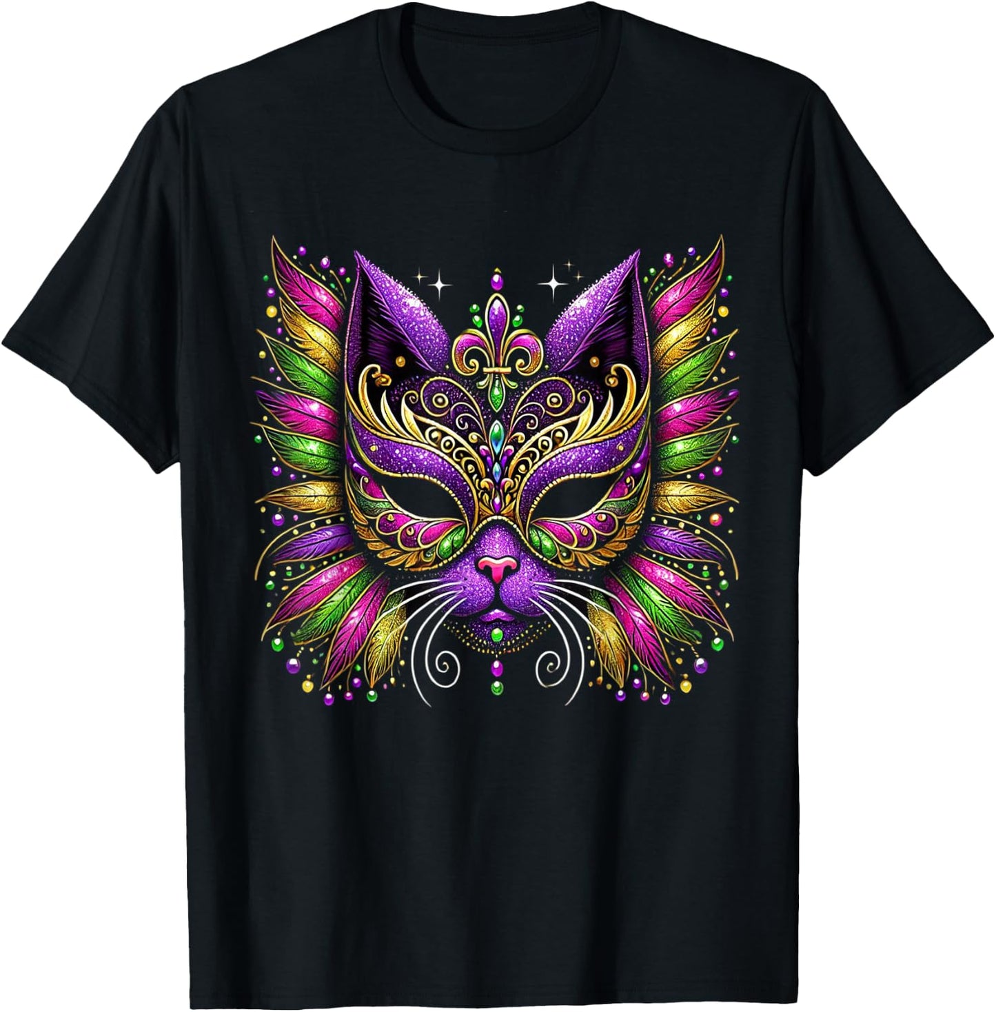 Mardi Gras Cat Mask New Orleans Women Kids Mardi Gras 2025 T-Shirt - T-Shirt | Black