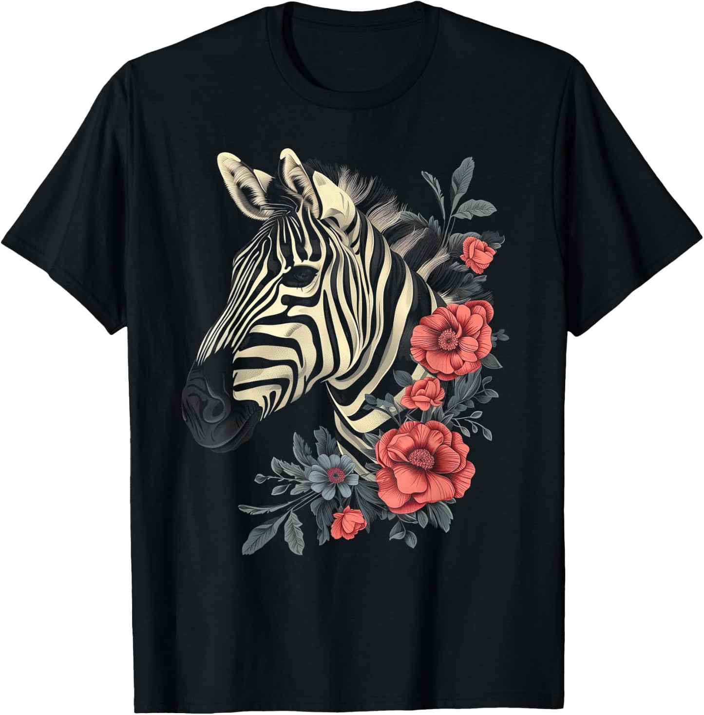 Zebra Vintage Flowers African Animal Zoo Keeper Zebra Lover T-Shirt - T-Shirt | Black