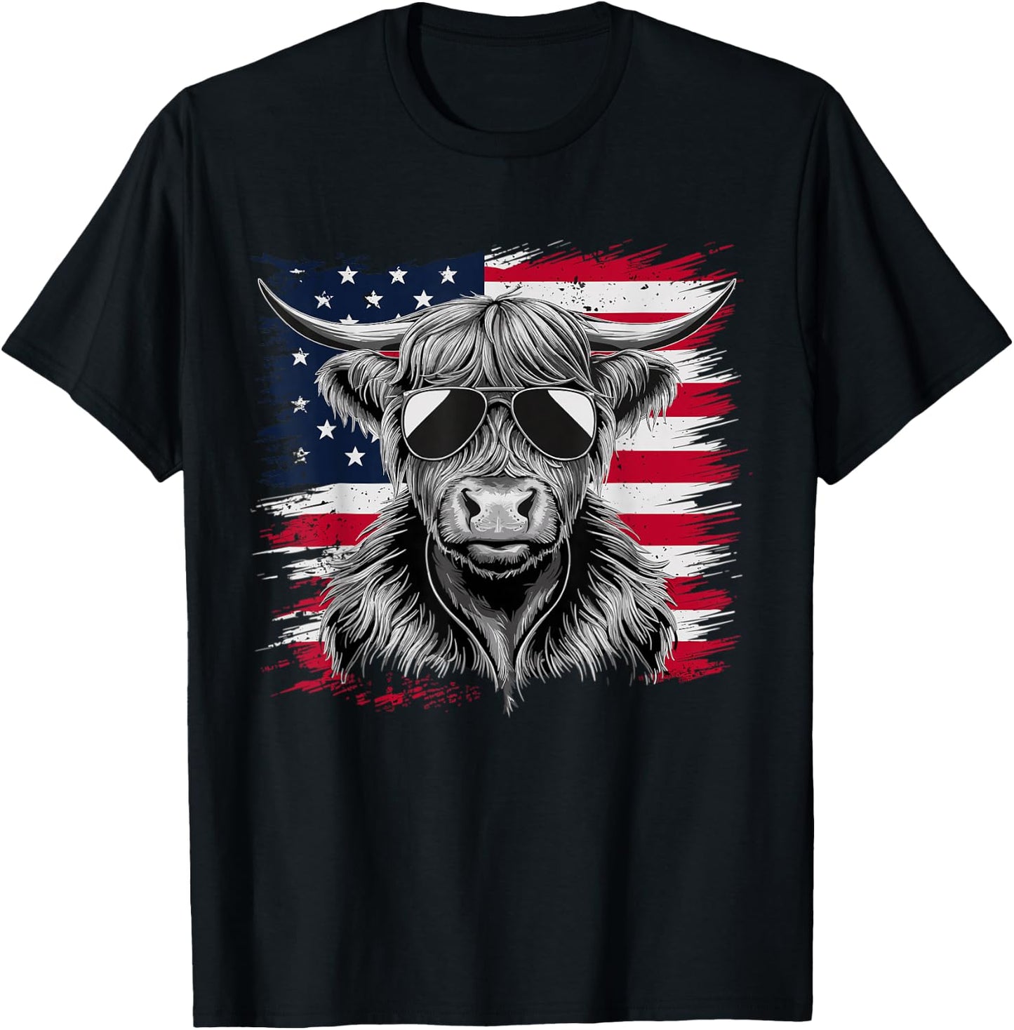 American Flag Highland Cow of July Cow Lover T-Shirt - T-Shirt | Black