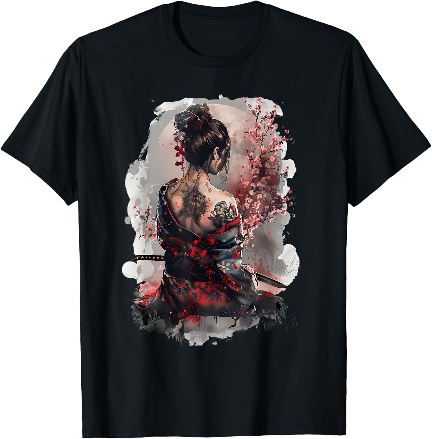 Japanese Samurai Girl Sakura Cherry Blossom Japanese Geisha , black T-Shirt - T-Shirt | Black