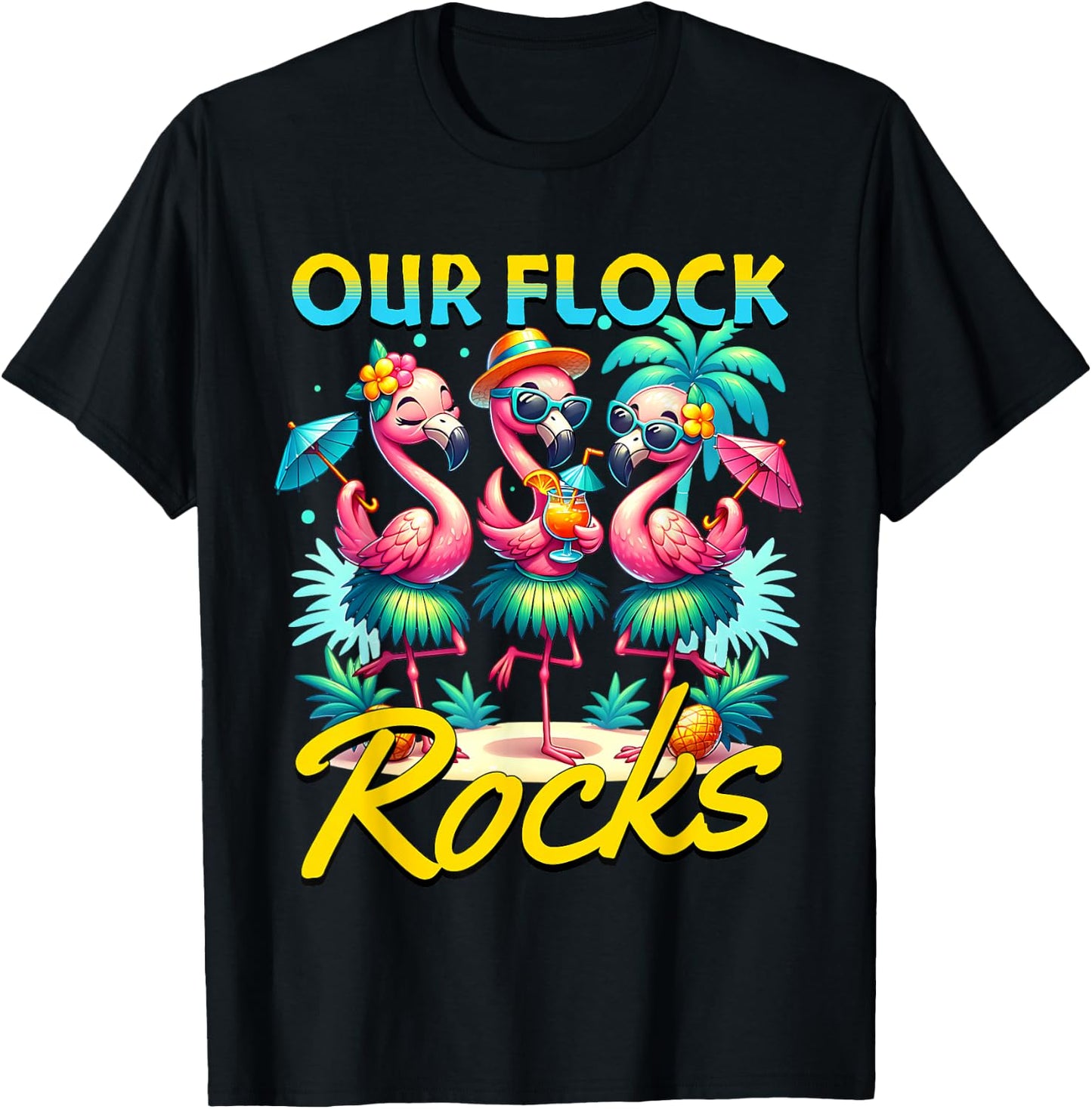 Our Flock Rocks Flamingo Summer Vacation Family Matching T-Shirt - T-Shirt | Black