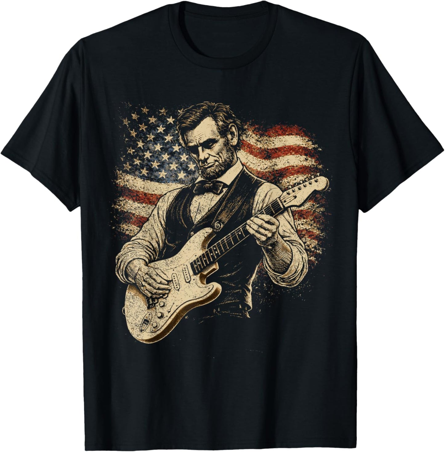 Abraham Lincoln Abe Lincoln Playing Guitar Retro Vintage T-Shirt - T-Shirt | Black