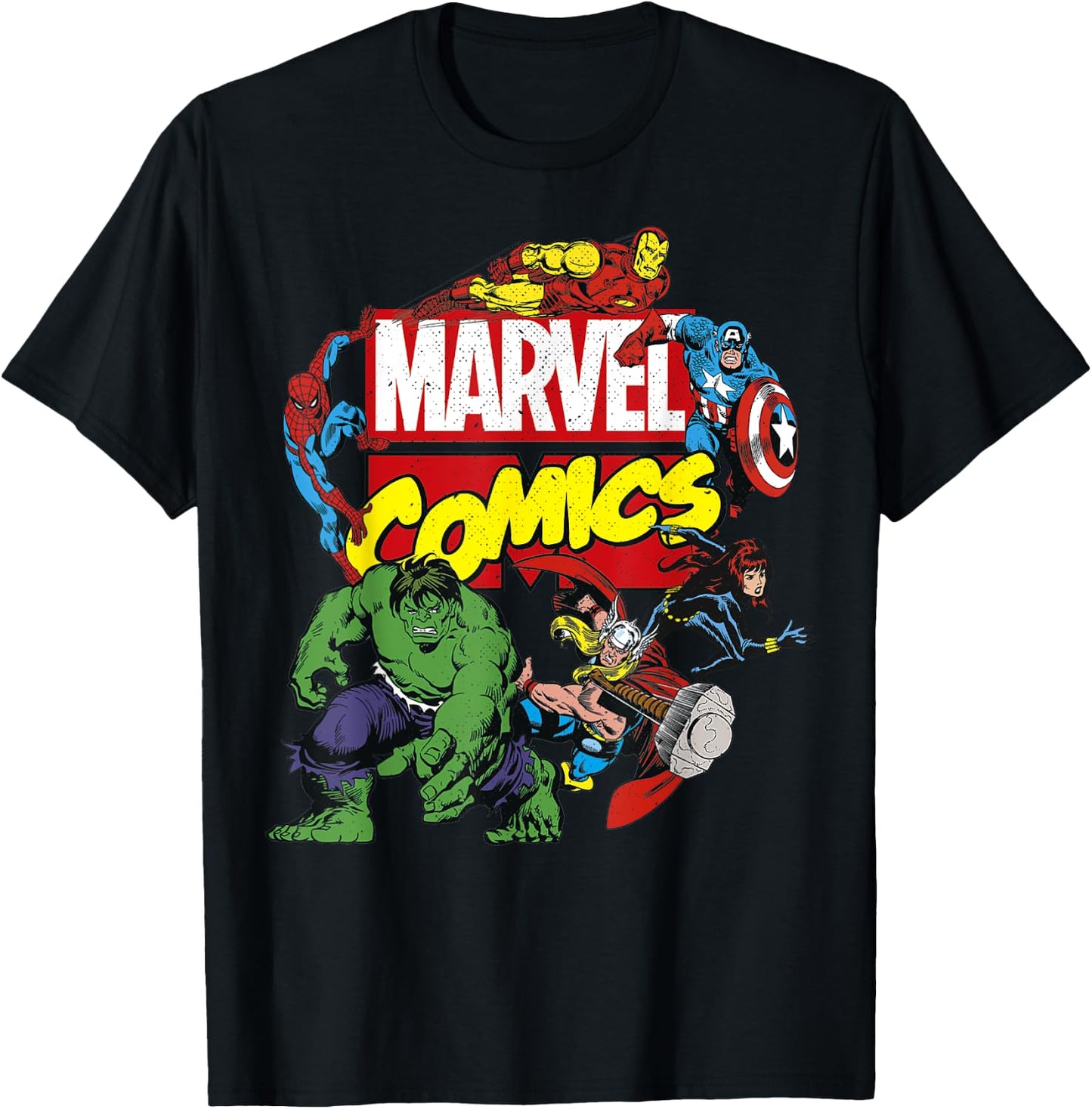 Marvel Comics Avengers Group Shot Around Logo Poster T-Shirt - T-Shirt | Black