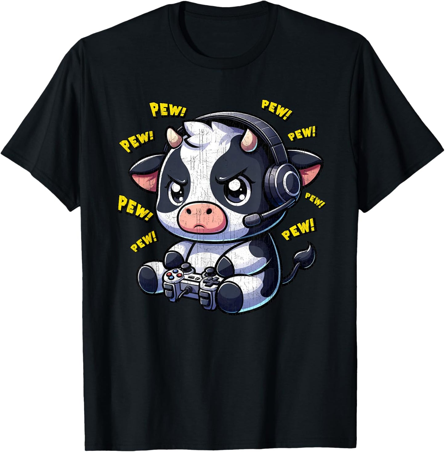 Cow Gamer Pew Funny Video Games Vintage Boys Men Girls T-Shirt - T-Shirt | Black