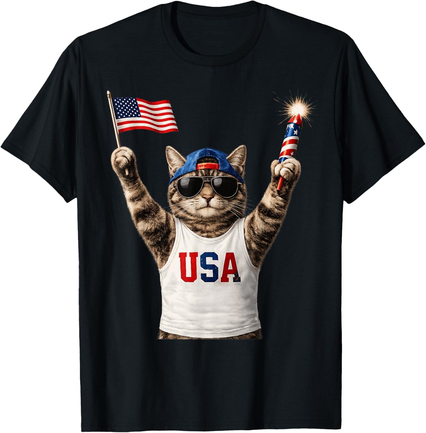 Funny Patriotic Cat USA Flag Fireworks America 250 T-Shirt - T-Shirt | Black